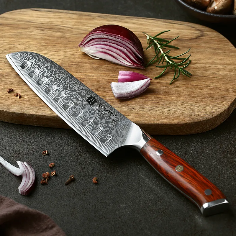 Роскошный нож Santoku из дамасской стали ручной работы с ручкой из розового дерева 7-дюймовые кухонные ножи ODM OEM на заказ