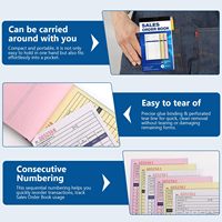 Carnet de commandes personnalisé avec logo, 3 feuillets, 4-3/16x7-3/16, formulaires autocopiants pour reçus et factures, numérotés consécutivement, format A5, pour menus de restaurant et factures.