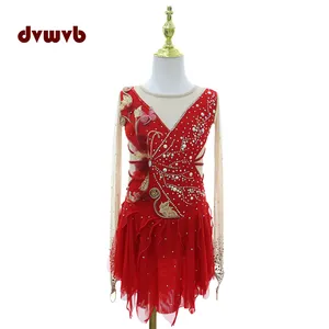 Figure skating competition girls skating dress red gold with diamond-spandex high elastic high-performance skating clothing