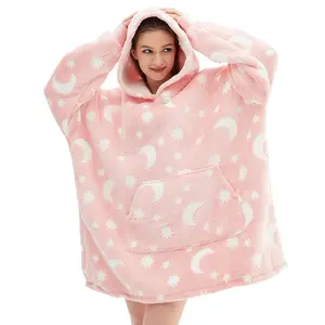 Modern Oversized Wearable Blanket Hoodie Knitted Soft Plush Warm Sweatshirt With Glow In The Dark Cartoon Pattern For Adults