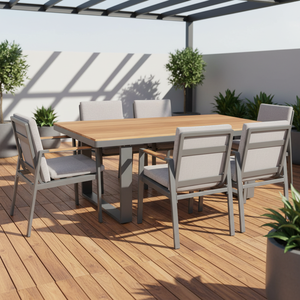 Muebles <span class=keywords><strong>de</strong></span> Jardín Duraderos y Sencillos <span class=keywords><strong>de</strong></span> Estilo Medio Oriente, Mesa <span class=keywords><strong>de</strong></span> Comedor <span class=keywords><strong>de</strong></span> Aluminio Resistente a la Intemperie, Portátil, con 6 Sillas <span class=keywords><strong>de</strong></span> Teca - Product Image 1