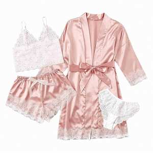 Ensemble de pyjamas et robes de nuit en satin de soie respirant avec dentelle, quatre pièces, pour femme, sexy, vente en gros - Product Image 3