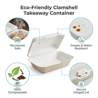 Boîte en bagasse de 8 pouces, type coquille, compatible micro-ondes, compostable, dégradable, pour plats à emporter, emballage pour restauration rapide et cuisine cloud