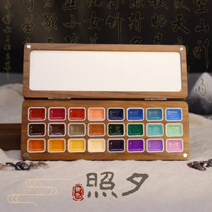 Caja de madera de nogal hecha a mano 24 colores nacarado sólido acuarela pintura conjunto brillo metálico paleta de colores - Product Image 4