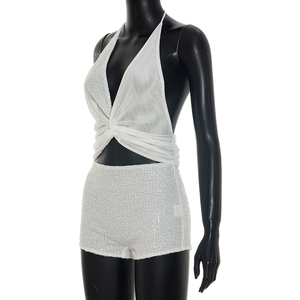 Viviblook J26ST260 Ensemble deux pièces sexy pour femme, débardeur sans manches à col en V et short moulant en dentelle à sequins - Product Image 3