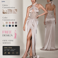 Robe de soirée longue personnalisée pour femme, en satin argenté, spandex et polyester, avec col halter croisé, sans manches, ornée de strass, style corset et fente haute