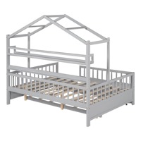 Lit enfant contemporain en bois pleine grandeur avec toit, étagères et lit gigogne coulissant pour chambres d'enfants, villas et appartements