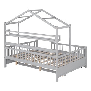 Lit enfant en bois taille réelle avec toit, étagères et lit gigogne escamotable, pour <span class=keywords><strong>chambre</strong></span> de filles et de garçons - Product Image 5