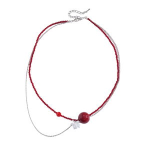 Collier double couche en perles de verre rouges, motif floral, pour femme, en acier inoxydable, style vintage, de luxe, original, chaîne de clavicule, bijou de cou - Product Image 4