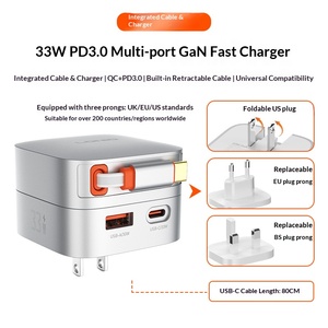 Chargeur rapide Q9 33W PD avec câble Type-C rétractable intégré, chargeur de voyage, adaptateur de charge universel pour téléphone portable, vente en gros - Product Image 5