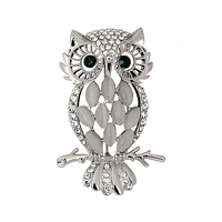 Broche de búho vintage en tono plateado con ojo de cristal verde y cabujón de piedra lunar, joyería de animales y aves para mujer, para solapa de abrigo, regalo