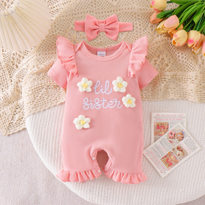 Set Tutina in Maglia per Neonata con Ricamo Personalizzato, Body con Volant, Fascia per Capelli e Calzini, Abbigliamento Carino per Fotografia Neonatale - Product Image 2