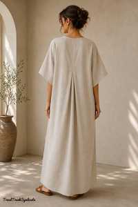 Robe caftan longue asymétrique beige en lin uni pour femme, col en V, détail boutons latéraux, style bohème modeste, idéale pour les vacances, export B2B - Product Image 5