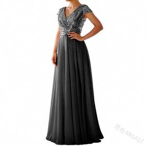 Vestido de Graduación Largo de Noche Talle Imperio Talla Grande Manga Casquillo Cuello en V Lentejuelas Volantes Gasa Rosa Champán para Dama de Honor Boda - Product Image 3