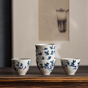 Hand Painted Porcelain Teacup <b>Set</b> With Poetry Design For Kung Fu <b>Tea</b> 6pcs Dehua Origin Round Shape Without Lid - Product Image 3
