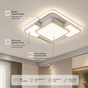โคมไฟเพดาน LED สี่เหลี่ยมทันสมัย ​​อะคริลิคเหล็กติดพื้นผิว รีโมทดิมได้สามสี สำหรับห้องนั่งเล่น ห้องนอน ห้องโถง - Product Image 2