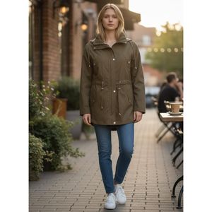 Manteau court à capuche kaki Vetre pour femme, 80 cm, tailles 42-52, imperméable, doublure à carreaux, fermeture éclair et boutons-pression, vêtements d'extérieur - Product Image 1