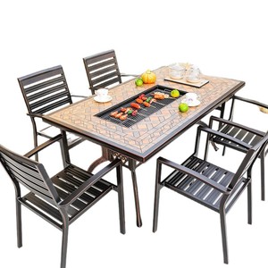 Outdoor Cast Aluminum <b>BBQ</b> <b>Table</b> Set With Tile Top 6 Seater Garden Furniture <b>For</b> Patio Deck Courtyard Use - Product Image 1