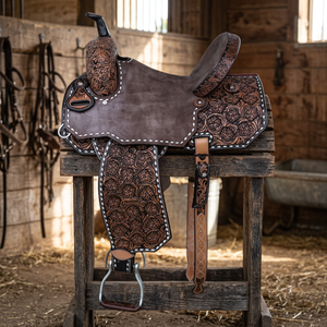 Selle de cowboy en cuir véritable brun foncé, durable, pour spectacle équestre, course de barils, portable, prête à être expédiée - Product Image 3