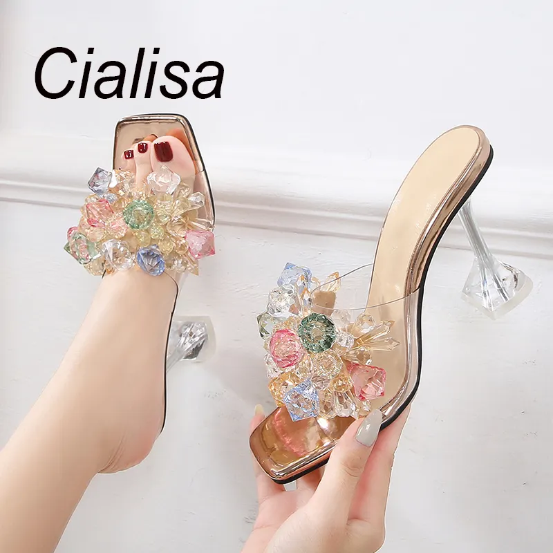 Cialisa 사용자 정의 PVC 대형 46 여성 신발 투명 크리스탈 꽃 샌들 10cm 클리어 하이힐 슬리퍼