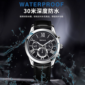 Quartz <b>Watch</b> Men Analog Chronograph Alloy <b>Case</b> Stainless Steel Black Leather Strap 22 Cm Band Push Button Hidden Clasp - Product Image 4