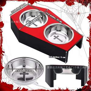 Comedero Doble Elevado para Mascotas, Estilo Gótico de Halloween, Base de Madera, Antideslizante y Resistente a la Humedad, para Perros y Gatos - Product Image 4