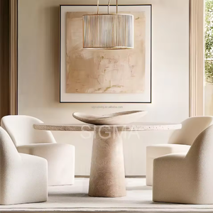 Ensemble de table à manger ronde en travertin/marbre beige, style nordique moderne, écologique et naturel, meubles polis pour restaurants étoilés <span class=keywords><strong>Michelin</strong></span>, villas - Product Image 3