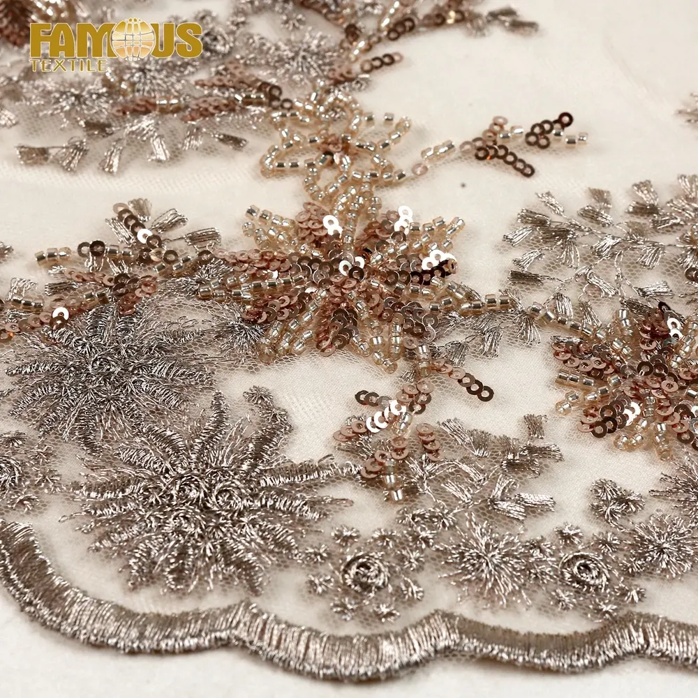New arrival lace fabric flower pattern beads embroidery design with sequins for women dress