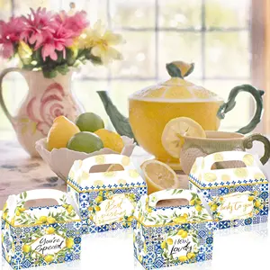 DD331 Chinoiserie Lemons Paper Gift Box with Handle Blue Tile Yellow Lemon Goody Treat Boxes for Lemon Theme Party Supplies