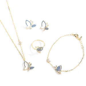 2022热卖精品珠宝项链、耳环、手镯和戒指4件套立方氧化锆蓝色铺路石蝴蝶珠宝套装