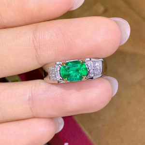 <b>18K</b> <b>Gold</b> <b>Men</b> <b>Ring</b> 1.23CT Natural Zambian Emerald Inlaid With 40 Pcs Diamonds Fine Gemstone Jewelry - Product Image 1