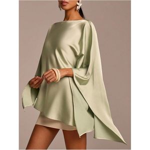 Women's <b>Satin</b> Poncho Top 3/4 Sleeve Boat Neck Asymmetrical Silk <b>Blouse</b> Party Wear - Product Image 3