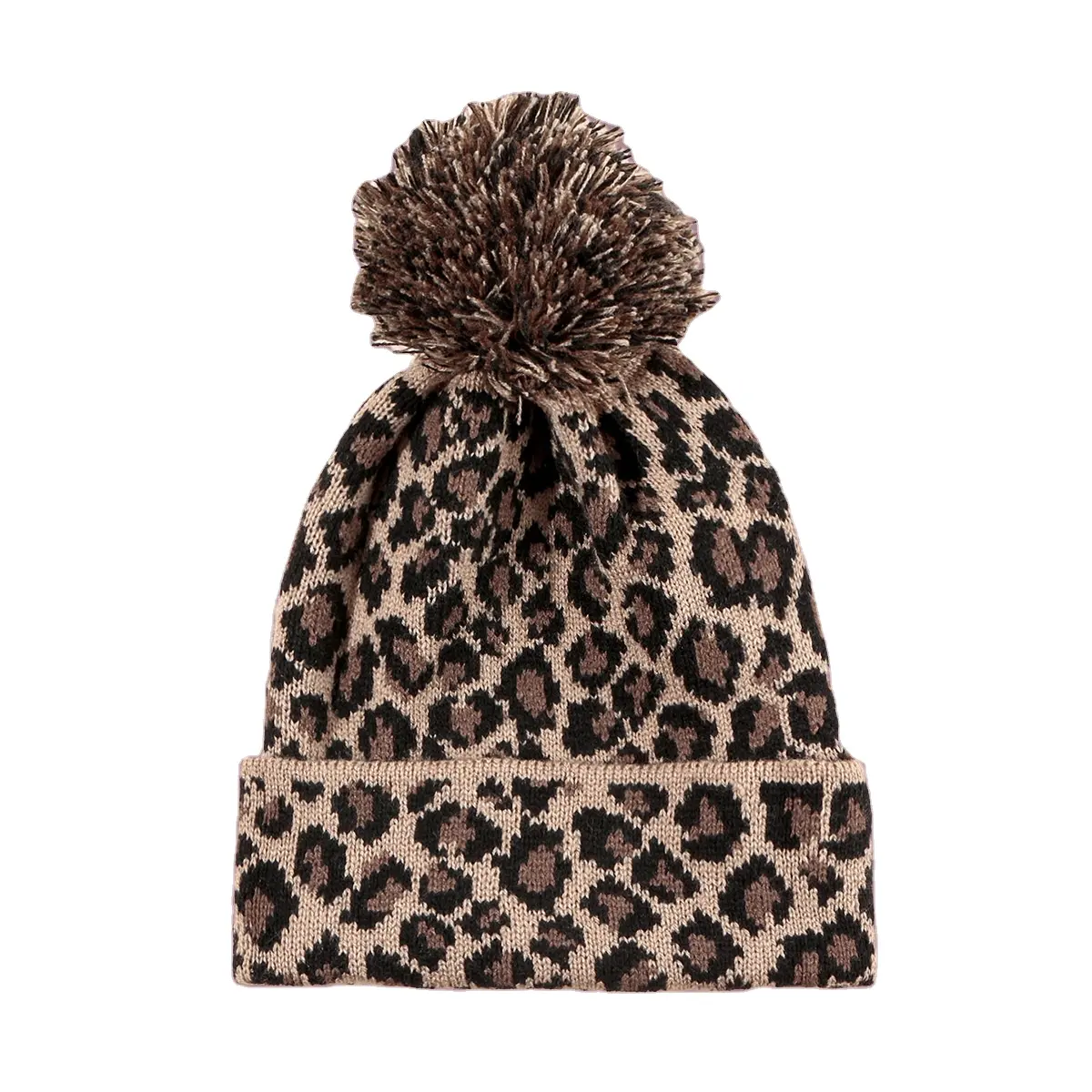 100% Acrylic Leopard Print Knitted Beanie Hat Winter With Ball of Yarn European and American Style
