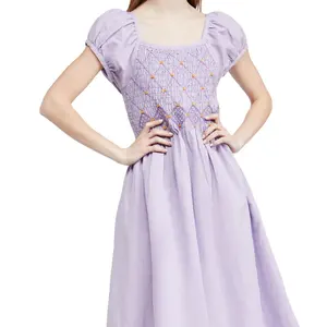 Purple Fashion Draw Pleats Floral Special Machine Embroidery Bubble Sleeves Women Dress