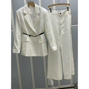 Set Elegante in <span class=keywords><strong>Lino</strong></span> 100% di Alta Qualità per <span class=keywords><strong>Donna</strong></span>, Primavera-Autunno, Giacca con Colletto e Cintura + Pantaloni Lunghi - Product Image 1