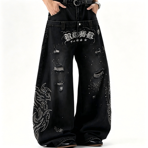 <span class=keywords><strong>Jeans</strong></span> Neri Larghi a Vita Doppia Personalizzati, <span class=keywords><strong>Jeans</strong></span> Gotici Ricamati Strappati Stile Streetwear - Product Image 3