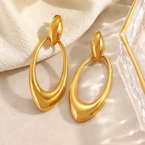 Boucles d'oreilles créoles en acier inoxydable plaqué or, forme ovale goutte d'eau, bijoux de mode pour le bureau et la carrière - Product Image 2