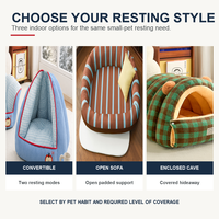 Doppelfunktions-Katzenbett mit offenem Sofa und halbgeschlossenem Haus im blauen Cord-Gingham-Design für Hauskatzen