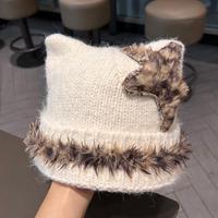 Bonnet en laine tricoté chaud d'hiver avec logo personnalisé, motif chat mignon, style Y2K Grunge, accessoires tendance, bonnets doux et amples pour femmes