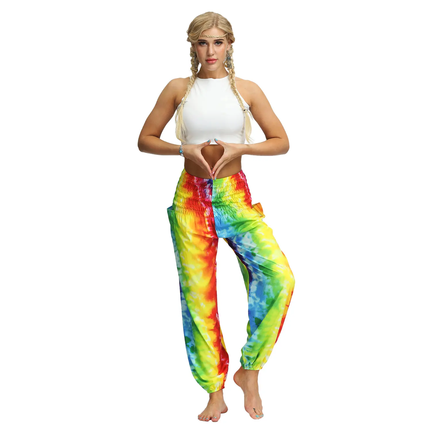 New style Tie Dye sport Fitness loose Bloomers with pockets boho elastic women wide leg yoga harem pants