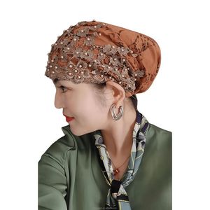High-quality pearl Muslim lace women's <b>hat</b>, solid color ethnic headscarf, single braid, breathable, eco-friendly, and beautiful - Product Image 6