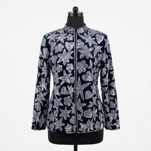 Rich Navy Blue Velvet Breathable Winter Embellished <b>Jacket</b> Elaborate <b>Sequin</b> Embroidery Women Hand Finished Luxury Outerwear - Product Image 3