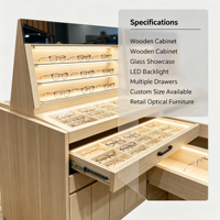 Vitrine de présentation de lunettes en bois sur mesure pour opticien, avec tiroir coulissant, support de présentation de lunettes de soleil, éclairage LED, îlot central pour lunettes
