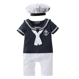 Mode été marine Style vêtements bébé garçons <span class=keywords><strong>marin</strong></span> Costume avec chapeau pour 0-2 ans HCFB-025 - Product Image 2