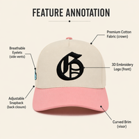 Gorra de Béisbol Personalizada Estilo Street Snapback, Bordado 3D en Relieve, Dos Tonos Crema y Rosa, 6 Paneles, Sarga de Algodón, Logotipo de Silicona