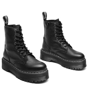 Bottes locomotive à semelle épaisse à 8 trous avec fermeture éclair latérale pour femme Bottes courtes laquées à motif lotus - Product Image 1