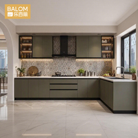 BALOM OEM ODM Armoire de cuisine moderne de luxe, sans poignée, en verre, en forme de L, avec porte en dalle, couleur vert olive mat, sur mesure, RTA