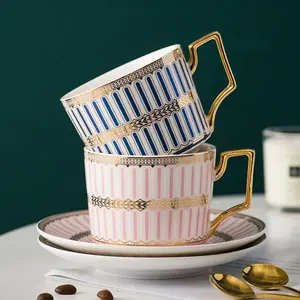 欧式风格杯碟套装6.8盎司骨瓷玻璃白金茶杯与金勺