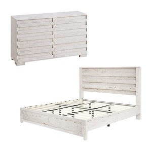 Lit en bois de style campagnard, cadre de lit plateforme blanc taille king avec tête de lit cannelée et rangement <span class=keywords><strong>sous</strong></span> le lit - Product Image 4