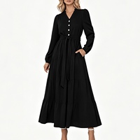 Robe longue trapèze personnalisable, col en V, style vintage, romantique, élégante, décontractée, pour le quotidien, avec boutons, taille naturelle, ceinture à nouer et design superposé